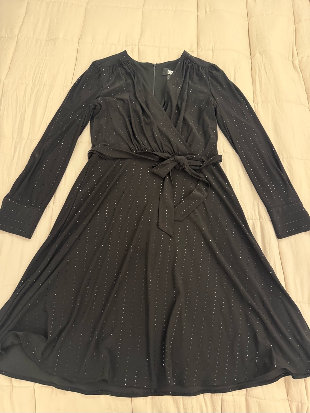 DKNY Black Long-Sleeve Wrap Dress with Tie Belt